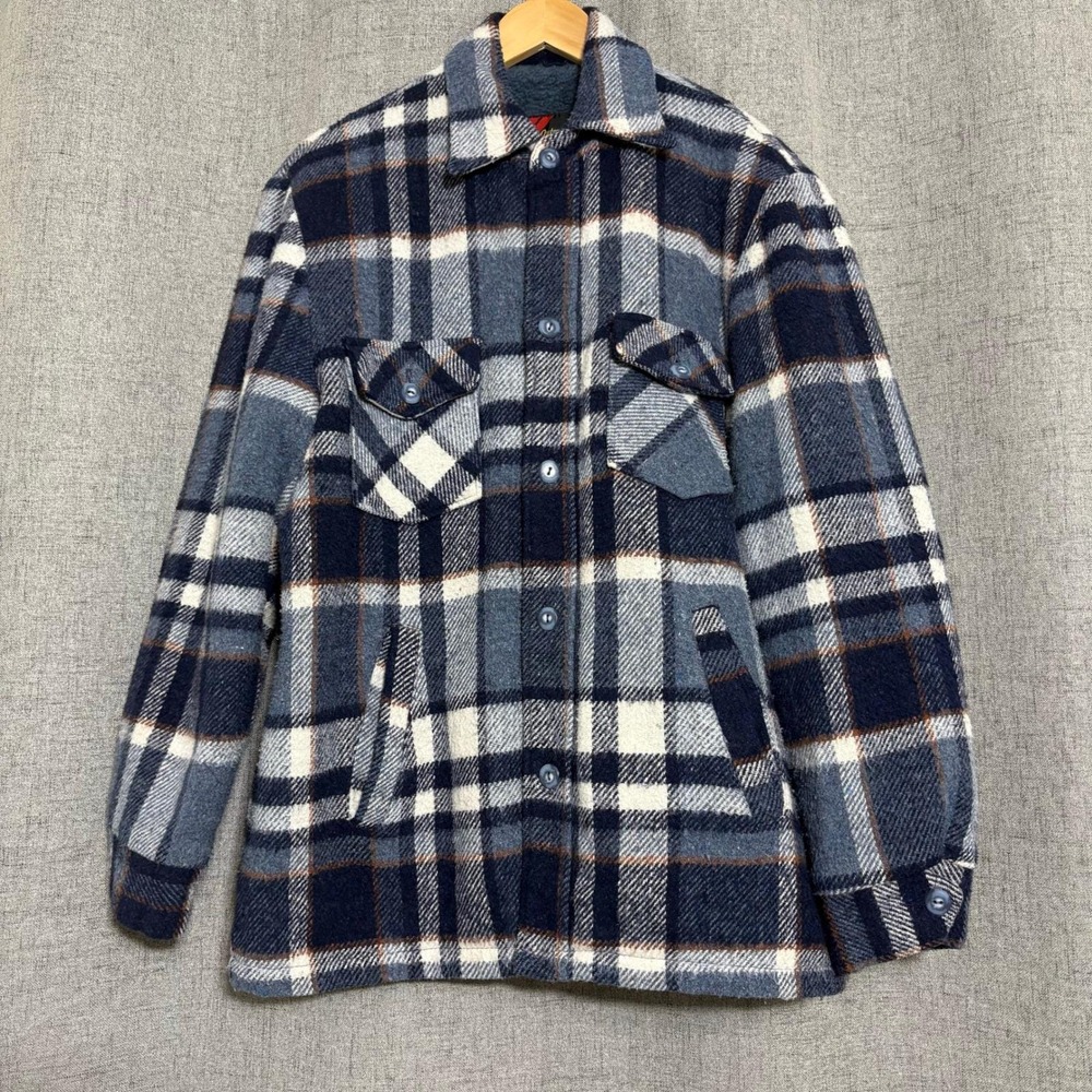 Vintage 70s Sears Shacket Men Large Plaid Flannel Lined Sherpa Faux Fur